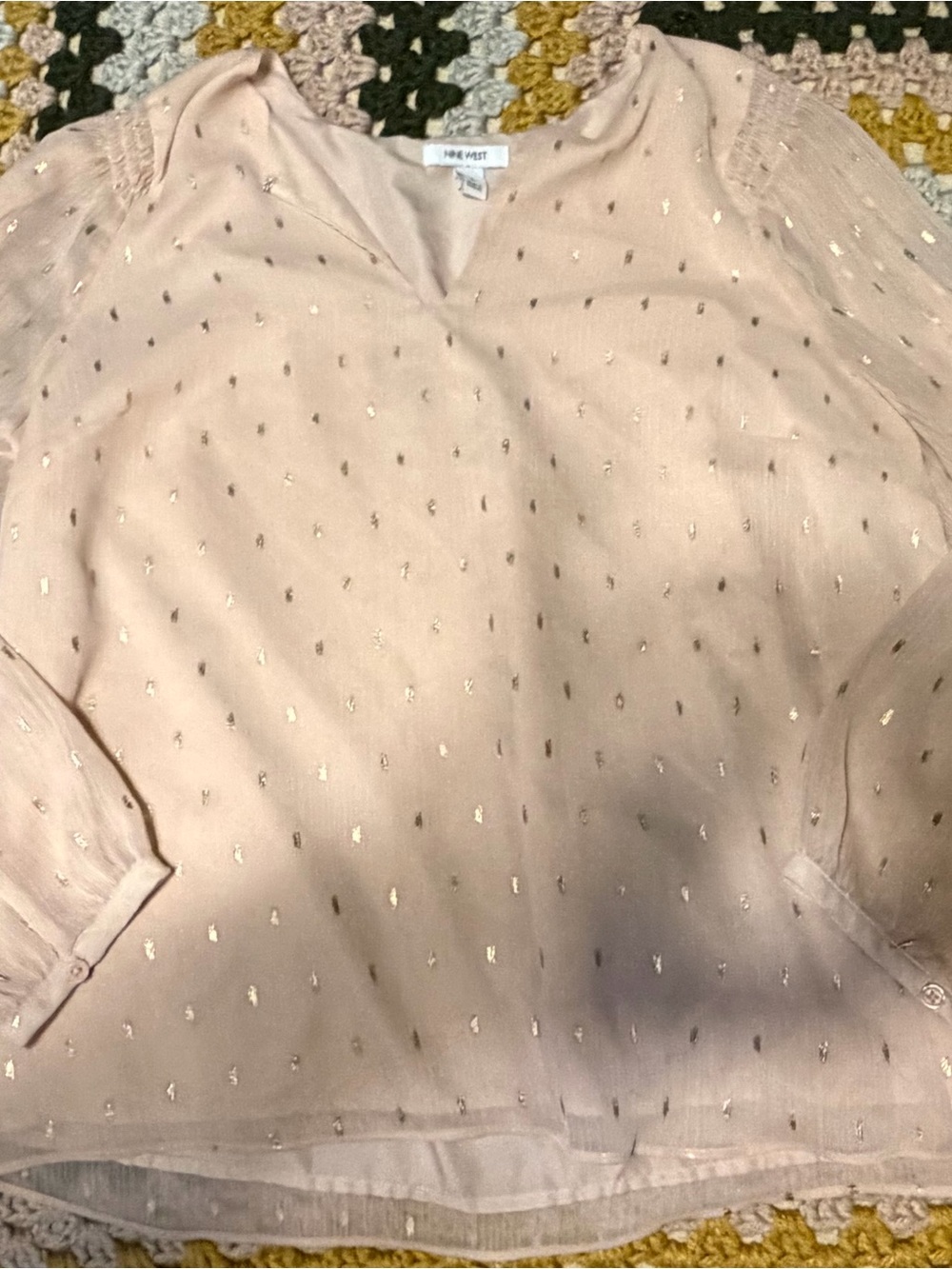Nine West Pink Blush Metallic Dot V-Neck Blouse